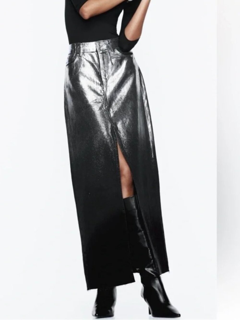 NWT ZARA Maxi Foil Denim Skirt Black and Silver, Size M